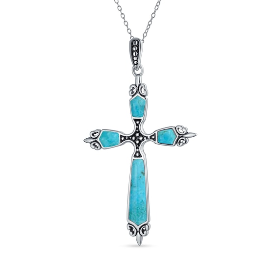 Cabochon Turquoise Beaded Fleur-de-Lis Cross Pendant in Sterling Silver
