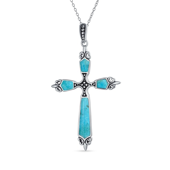 Cabochon Turquoise Beaded Fleur-de-Lis Cross Pendant in Sterling Silver