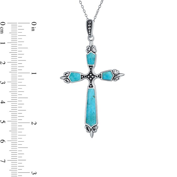 Cabochon Turquoise Beaded Fleur-de-Lis Cross Pendant in Sterling Silver