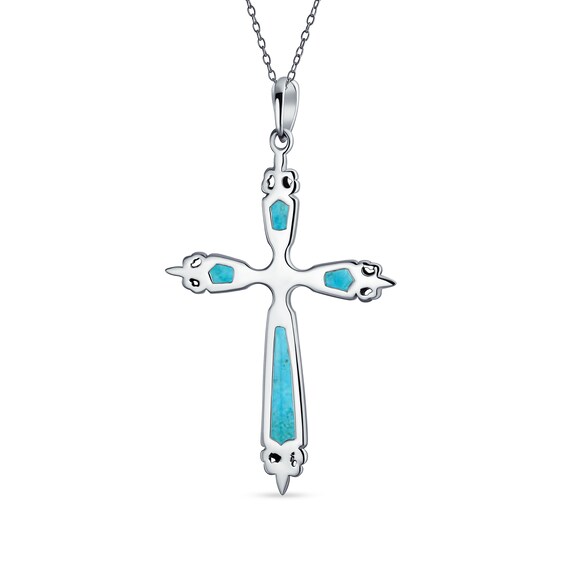 Cabochon Turquoise Beaded Fleur-de-Lis Cross Pendant in Sterling Silver