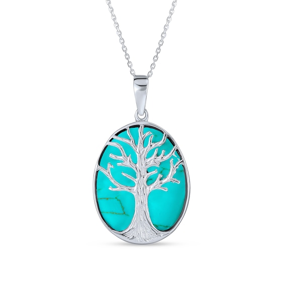 Oval Cabochon Turquoise Tree of Life Overlay Drop Pendant in Sterling Silver