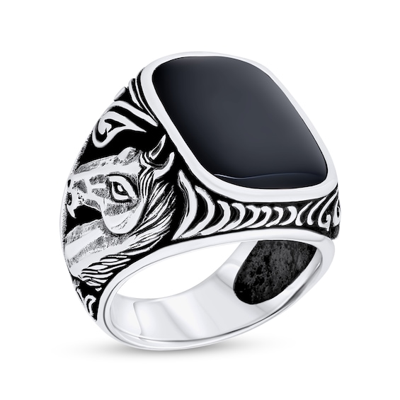 Men's Rectangular Onyx Oxidized Horse Head Side Accent Ring in Sterling Silver