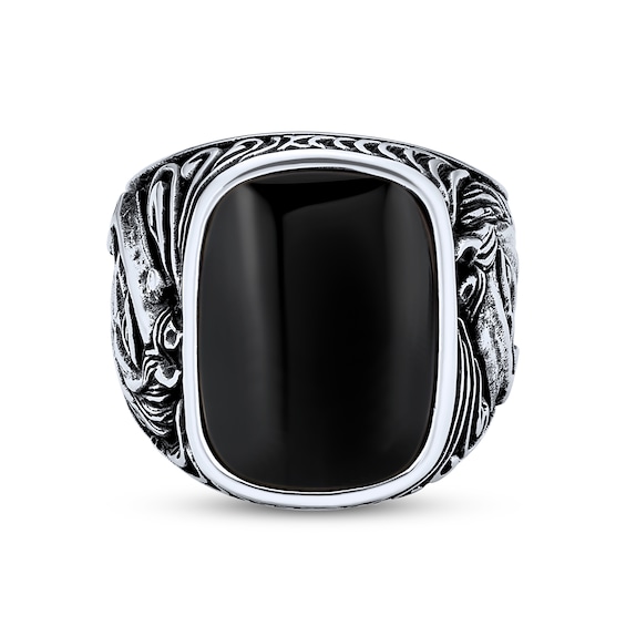 Rectangular Onyx Oxidized Horse Head Side Accent Ring in Sterling Silver