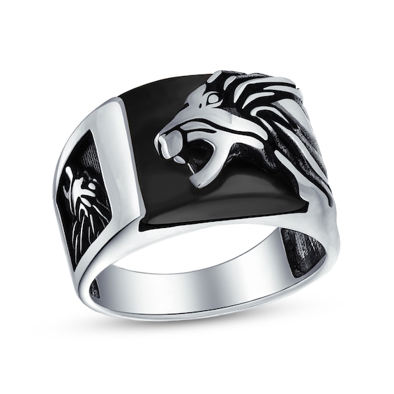 Rectangular Onyx Oxidized Lion Head Overlay Ring Sterling Silver