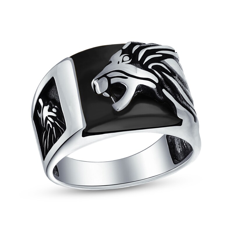 Main Image 1 of Rectangular Onyx Oxidized Lion Head Overlay Ring in Sterling Silver