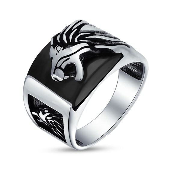 Rectangular Onyx Oxidized Lion Head Overlay Ring Sterling Silver