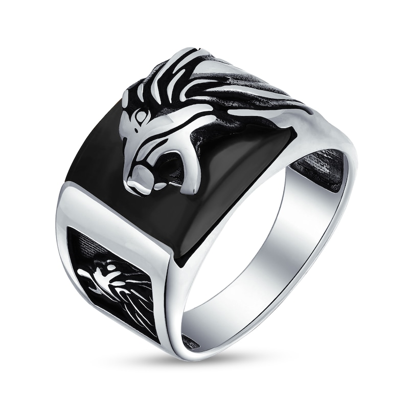 Main Image 2 of Rectangular Onyx Oxidized Lion Head Overlay Ring in Sterling Silver