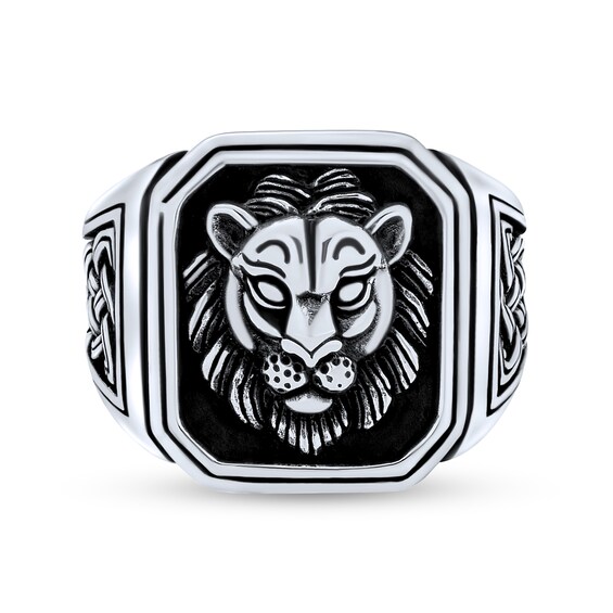 Men's Oxidized Lion Head with Celtic Braid Octagonal Signet Ring in Sterling Silver