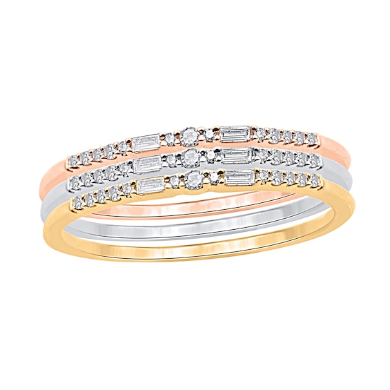 1/5 CT. T.w. Baguette and Round Diamond Three Piece Stackable Ring Set in Sterling Silver and Two-Tone Rhodium