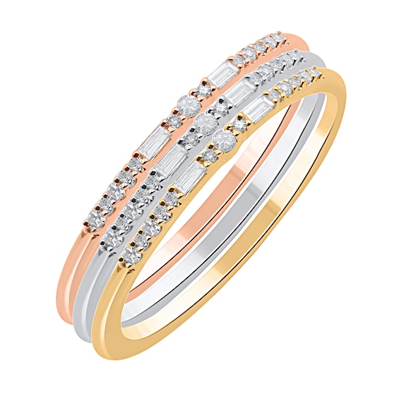 1/5 CT. T.w. Baguette and Round Diamond Three Piece Stackable Ring Set in Sterling Silver and Two-Tone Rhodium
