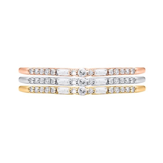 1/5 CT. T.w. Baguette and Round Diamond Three Piece Stackable Ring Set in Sterling Silver and Two-Tone Rhodium