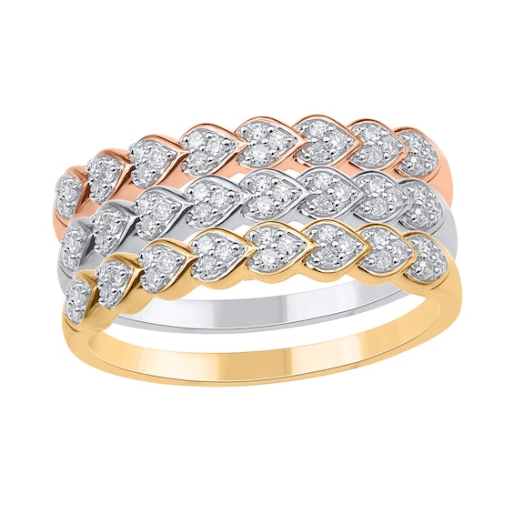 1/3 CT. T.w. Diamond Layered Leaf Three Piece Stackable Ring Set in Sterling Silver and Two-Tone Rhodium