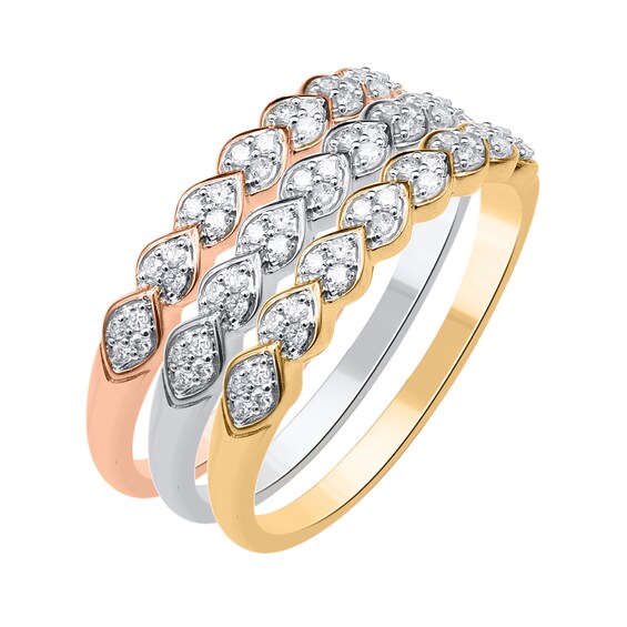1/3 CT. T.w. Diamond Layered Leaf Three Piece Stackable Ring Set in Sterling Silver and Two-Tone Rhodium