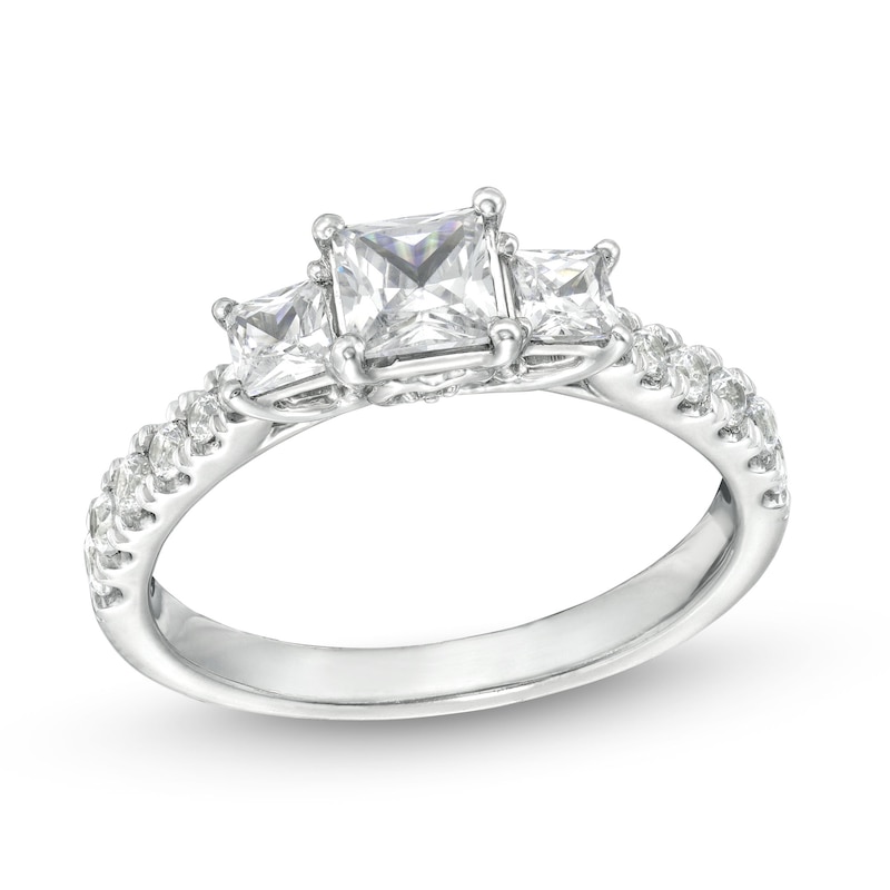 Main Image 1 of 1-1/4 CT. T.W. Princess-Cut Diamond Three Stone Tapered Shank Engagement Ring in 14K White Gold (I/I2)