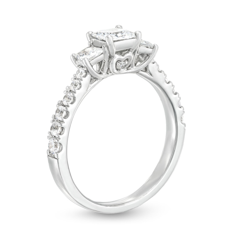 Main Image 3 of 1-1/4 CT. T.W. Princess-Cut Diamond Three Stone Tapered Shank Engagement Ring in 14K White Gold (I/I2)