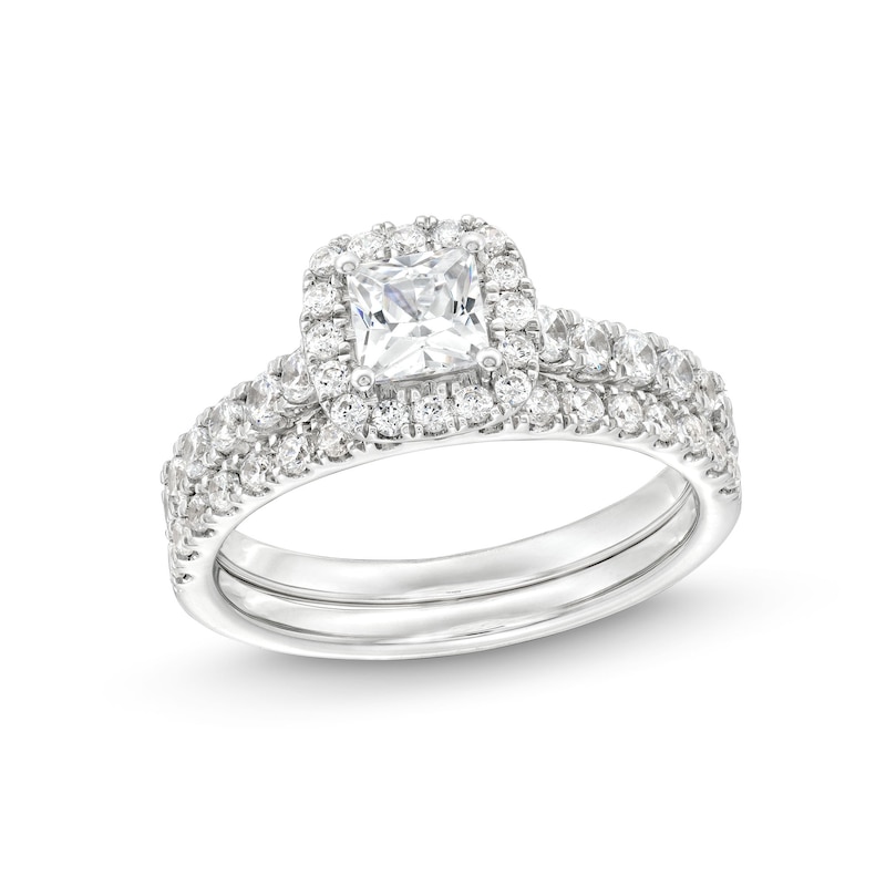 Main Image 1 of 1-1/2 CT. T.W. Princess-Cut Diamond Scallop Frame Bridal Set in 14K White Gold