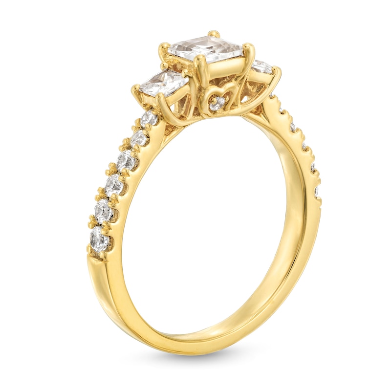 Main Image 3 of 1-1/4 CT. T.W. Princess-Cut Diamond Three Stone Tapered Shank Engagement Ring in 14K Gold (I/I2)
