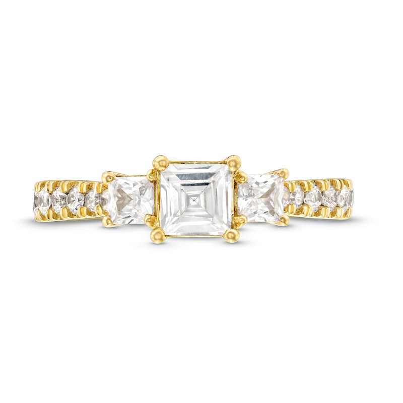 Main Image 4 of 1-1/4 CT. T.W. Princess-Cut Diamond Three Stone Tapered Shank Engagement Ring in 14K Gold (I/I2)