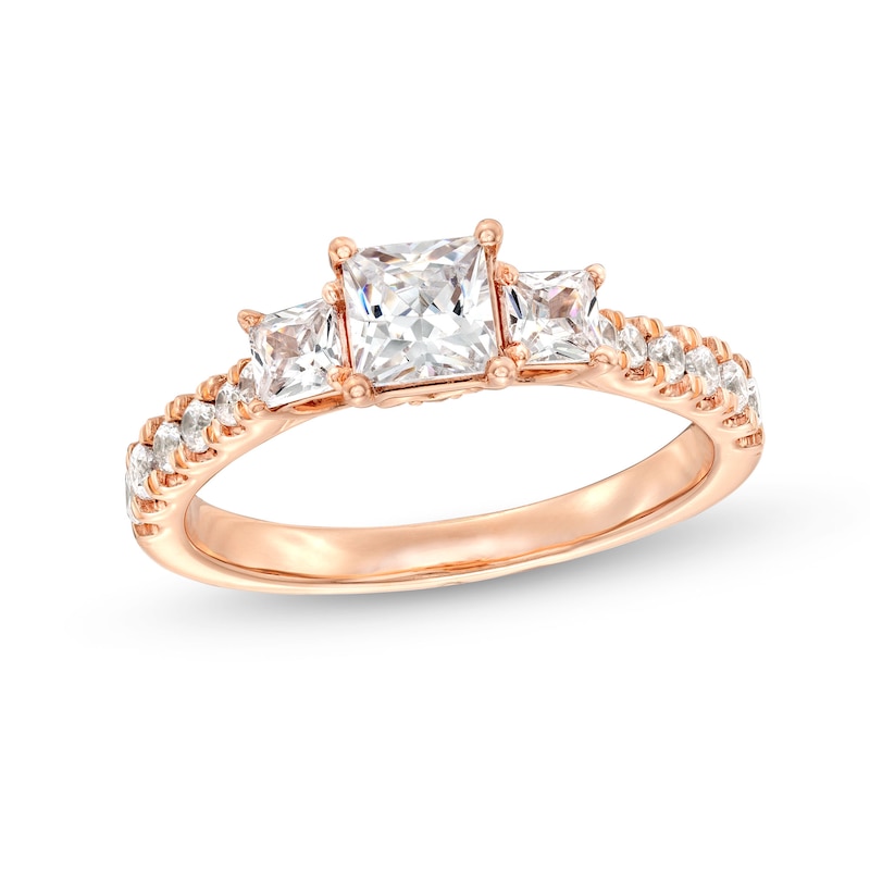 Main Image 1 of 1-1/4 CT. T.W. Princess-Cut Diamond Three Stone Tapered Shank Engagement Ring in 14K Rose Gold (I/I2)