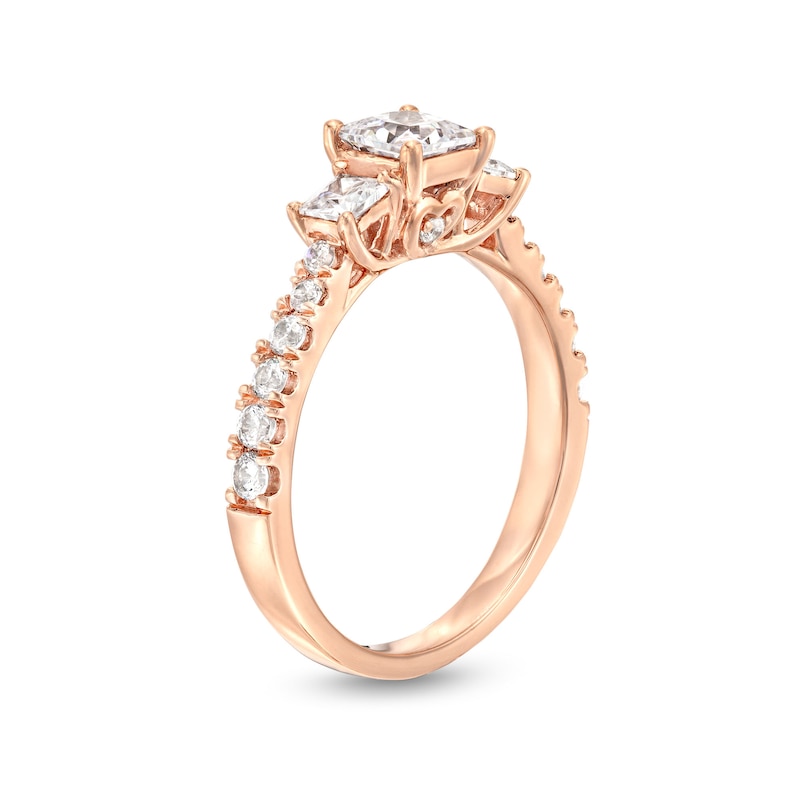 Main Image 3 of 1-1/4 CT. T.W. Princess-Cut Diamond Three Stone Tapered Shank Engagement Ring in 14K Rose Gold (I/I2)