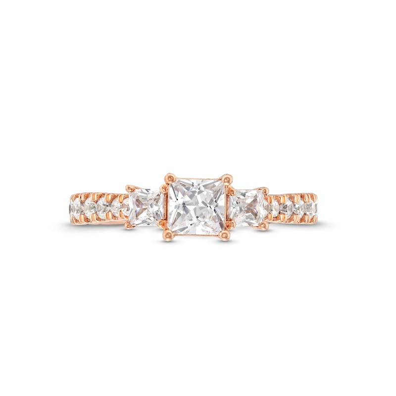 Main Image 4 of 1-1/4 CT. T.W. Princess-Cut Diamond Three Stone Tapered Shank Engagement Ring in 14K Rose Gold (I/I2)