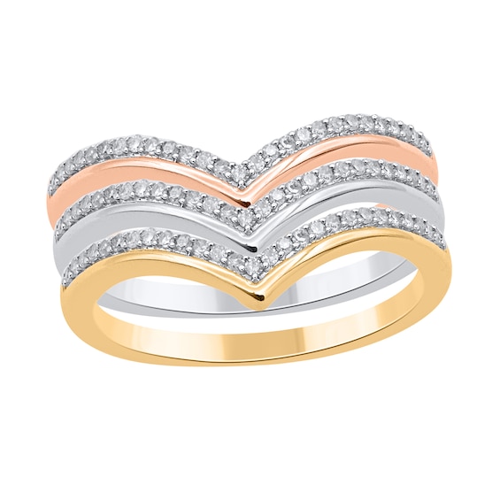 1/3 CT. T.w. Diamond and Polished Border Chevron Three Piece Stackable Ring Set in Sterling Silver and Two-Tone Rhodium
