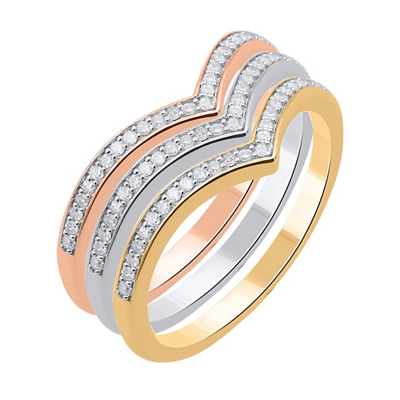 1/3 CT. T.w. Diamond and Polished Border Chevron Three Piece Stackable Ring Set in Sterling Silver and Two-Tone Rhodium