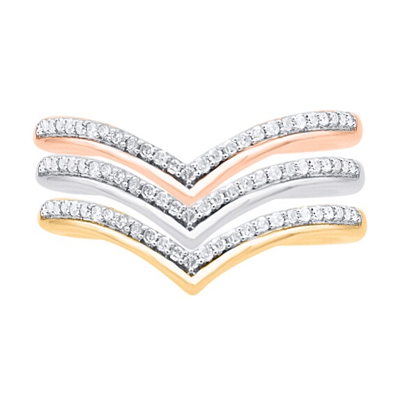 1/3 CT. T.w. Diamond and Polished Border Chevron Three Piece Stackable Ring Set in Sterling Silver and Two-Tone Rhodium