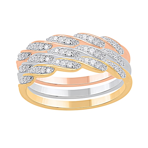 1/3 CT. T.w. Diamond Cascading Twist Three Piece Stackable Ring Set in Sterling Silver and Two-Tone Rhodium