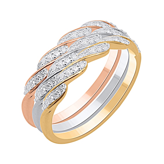 1/3 CT. T.w. Diamond Cascading Twist Three Piece Stackable Ring Set in Sterling Silver and Two-Tone Rhodium