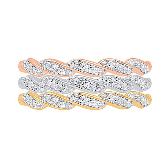 1/3 CT. T.w. Diamond Cascading Twist Three Piece Stackable Ring Set in Sterling Silver and Two-Tone Rhodium
