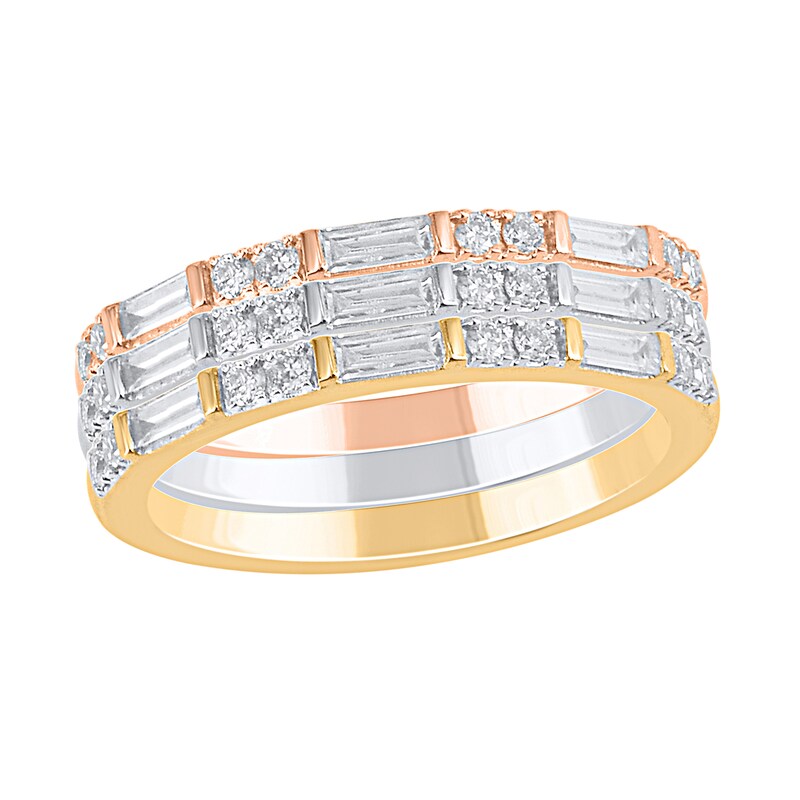 3/8 CT. T.W. Baguette and Round Diamond Duo Three Piece Stackable Ring Set in Sterling Silver and Two-Tone Rhodium