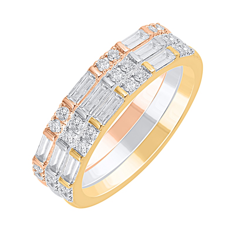 3/8 CT. T.W. Baguette and Round Diamond Duo Three Piece Stackable Ring Set in Sterling Silver and Two-Tone Rhodium