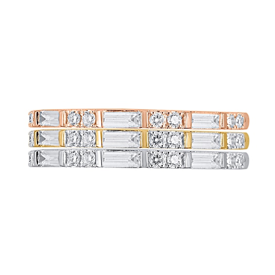 3/8 CT. T.w. Baguette and Round Diamond Duo Three Piece Stackable Ring Set in Sterling Silver and Two-Tone Rhodium