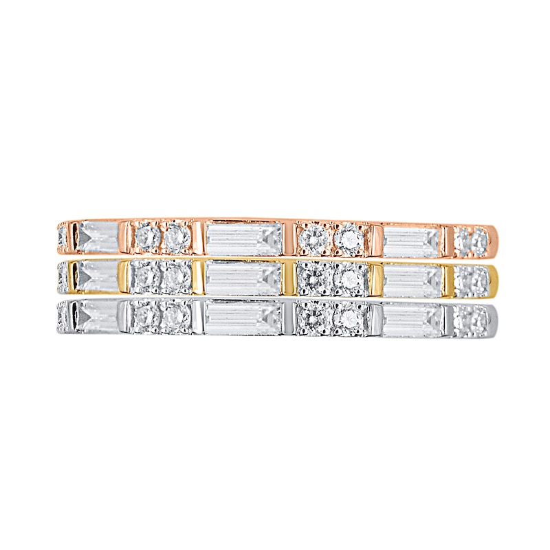 3/8 CT. T.W. Baguette and Round Diamond Duo Three Piece Stackable Ring Set in Sterling Silver and Two-Tone Rhodium