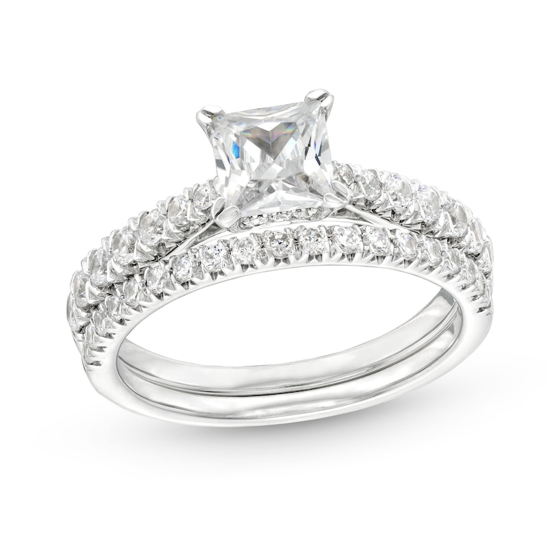 Main Image 1 of 1-3/4 CT. T.W. Princess-Cut Diamond Hidden Halo Tapered Shank Vintage-Style Bridal Set in 14K White Gold