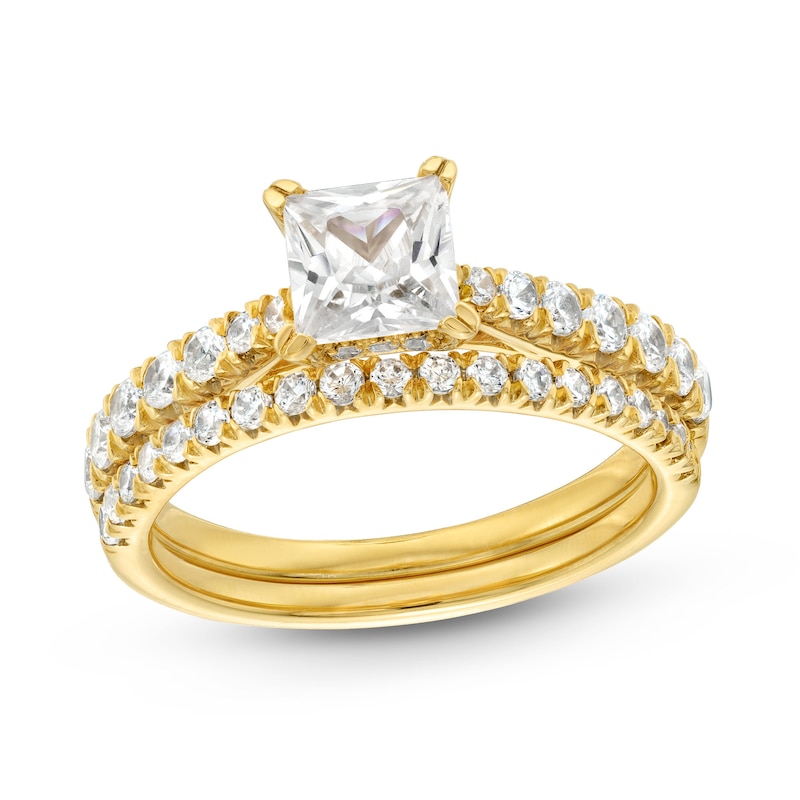 Main Image 1 of 1-3/4 CT. T.W. Princess-Cut Diamond Hidden Halo Tapered Shank Vintage-Style Bridal Set in 14K Gold