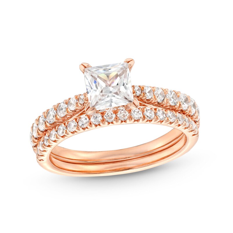 Main Image 1 of 1-3/4 CT. T.W. Princess-Cut Diamond Hidden Halo Tapered Shank Vintage-Style Bridal Set in 14K Rose Gold