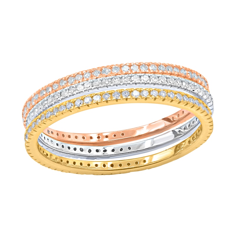 1/2 CT. T.W. Diamond Three Piece Stackable Ring Set in Sterling Silver and Two-Tone Rhodium