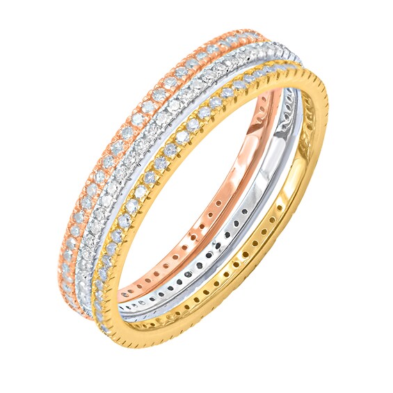 1/2 CT. T.w. Diamond Three Piece Stackable Ring Set in Sterling Silver and Two-Tone Rhodium