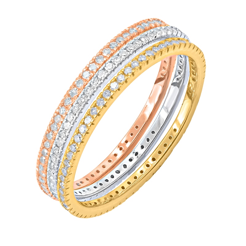 1/2 CT. T.W. Diamond Three Piece Stackable Ring Set in Sterling Silver and Two-Tone Rhodium