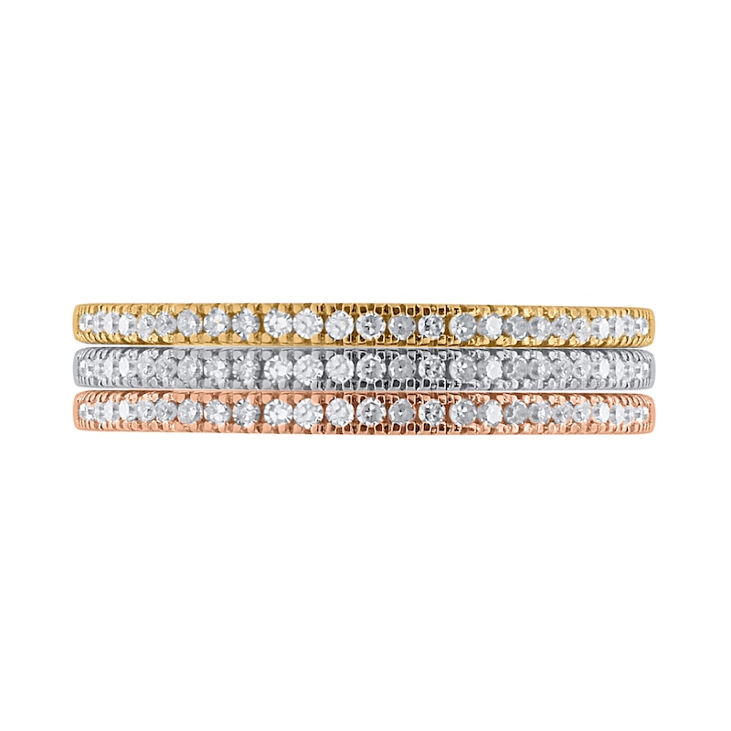 1/2 CT. T.W. Diamond Three Piece Stackable Ring Set in Sterling Silver and Two-Tone Rhodium