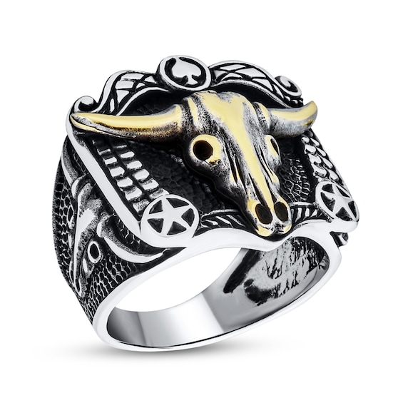 Men's Oxidized Bull Skull Western-Style Ring in Sterling Silver and Brass
