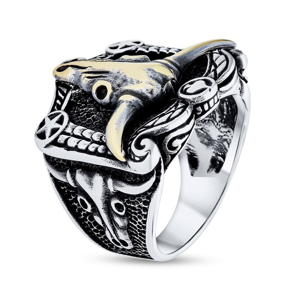Oxidized Bull Skull Western-Style Ring Sterling Silver and Brass