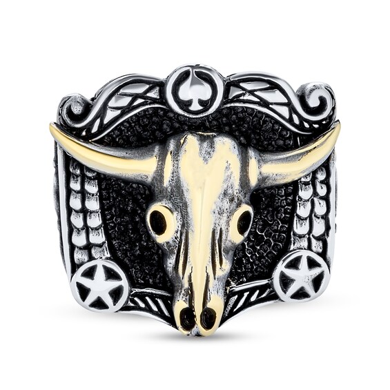 Oxidized Bull Skull Western-Style Ring Sterling Silver and Brass