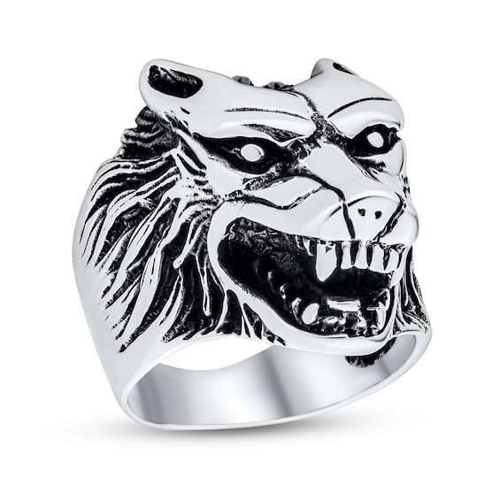 Men's Oxidized Roaring Wolf Head Ring in Sterling Silver