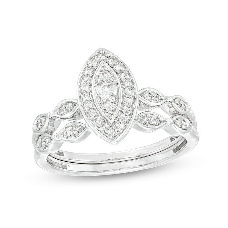 Main Image 1 of 1/4 CT. T.W. Marquise-Shaped Multi-Diamond Frame Art Deco-Inspired Bridal Set in Sterling Silver