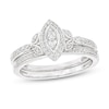 Thumbnail Image 1 of 1/4 CT. T.W. Marquise-Shaped Multi-Diamond Frame Leaf-Sides Ribbon Shank Bridal Set in Sterling Silver