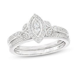 1/4 CT. T.W. Marquise-Shaped Multi-Diamond Frame Leaf-Sides Ribbon Shank Bridal Set in Sterling Silver