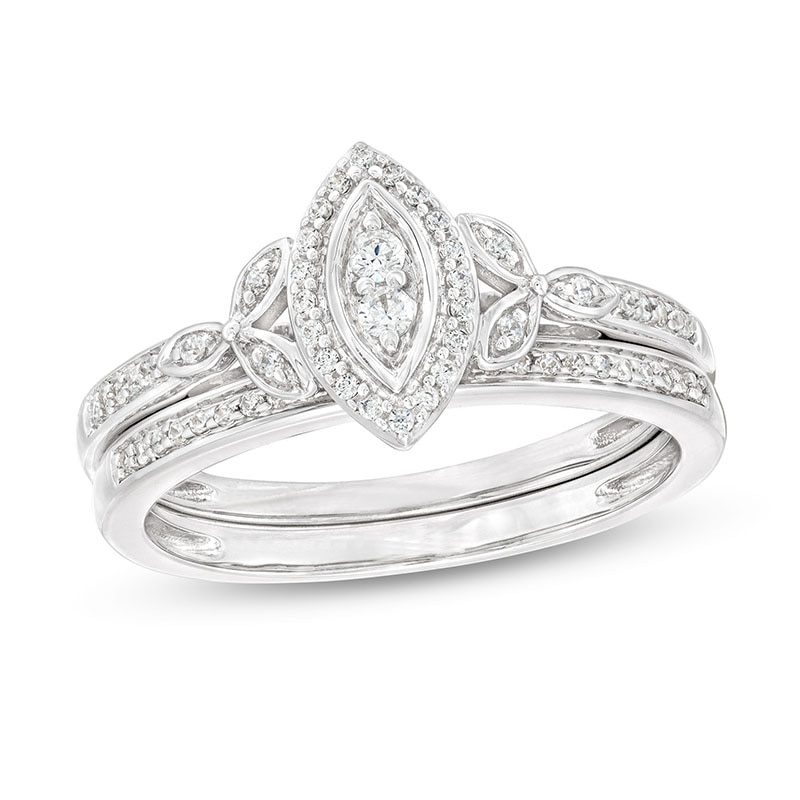 Main Image 1 of 1/4 CT. T.W. Marquise-Shaped Multi-Diamond Frame Leaf-Sides Ribbon Shank Bridal Set in Sterling Silver